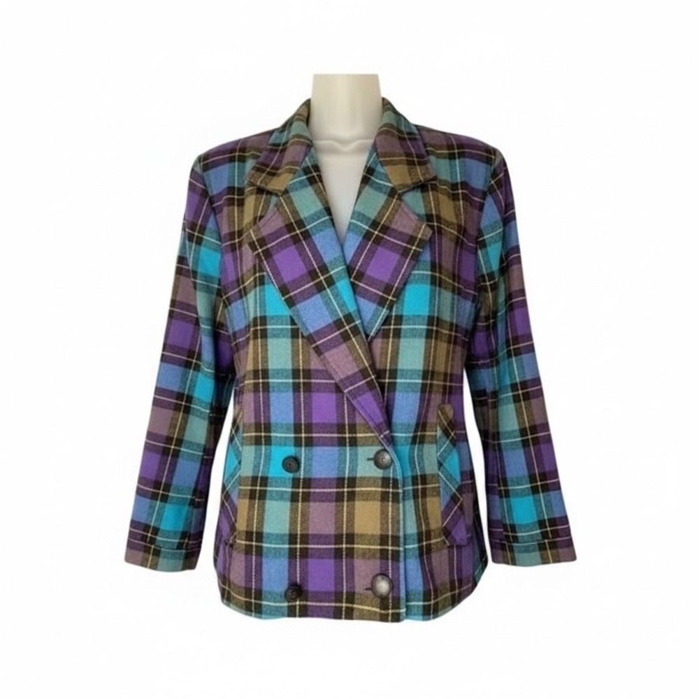 TanJay Blue/Purple Wool Plaid Blazer 12.‎